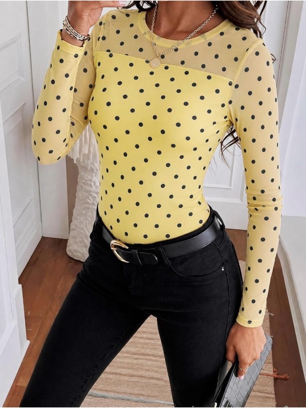 Amazon Yellow and Black Polka Dot Long Sleeve Top